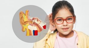a child holding a hand to her ear with a graphic of the inner ear next to her